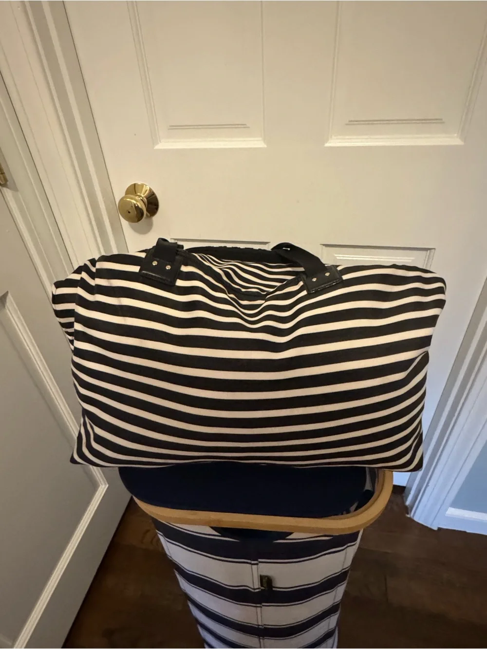 kate spade Watson Lane Lyla Black & White Stripes Nylon Packable Weekender Bag